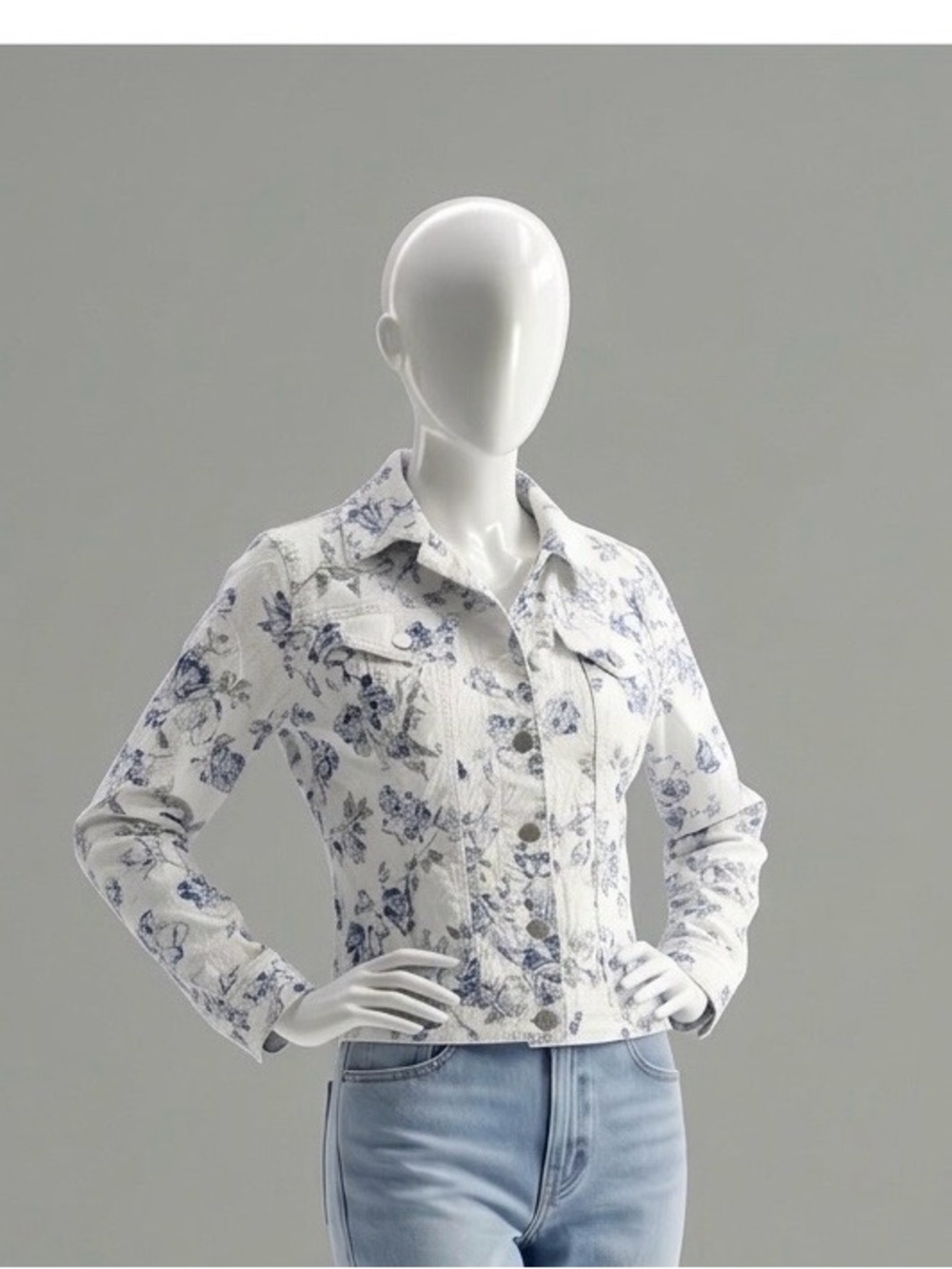 White Floral Print Denim Jacket - Women's Lightweight Jean Jacket